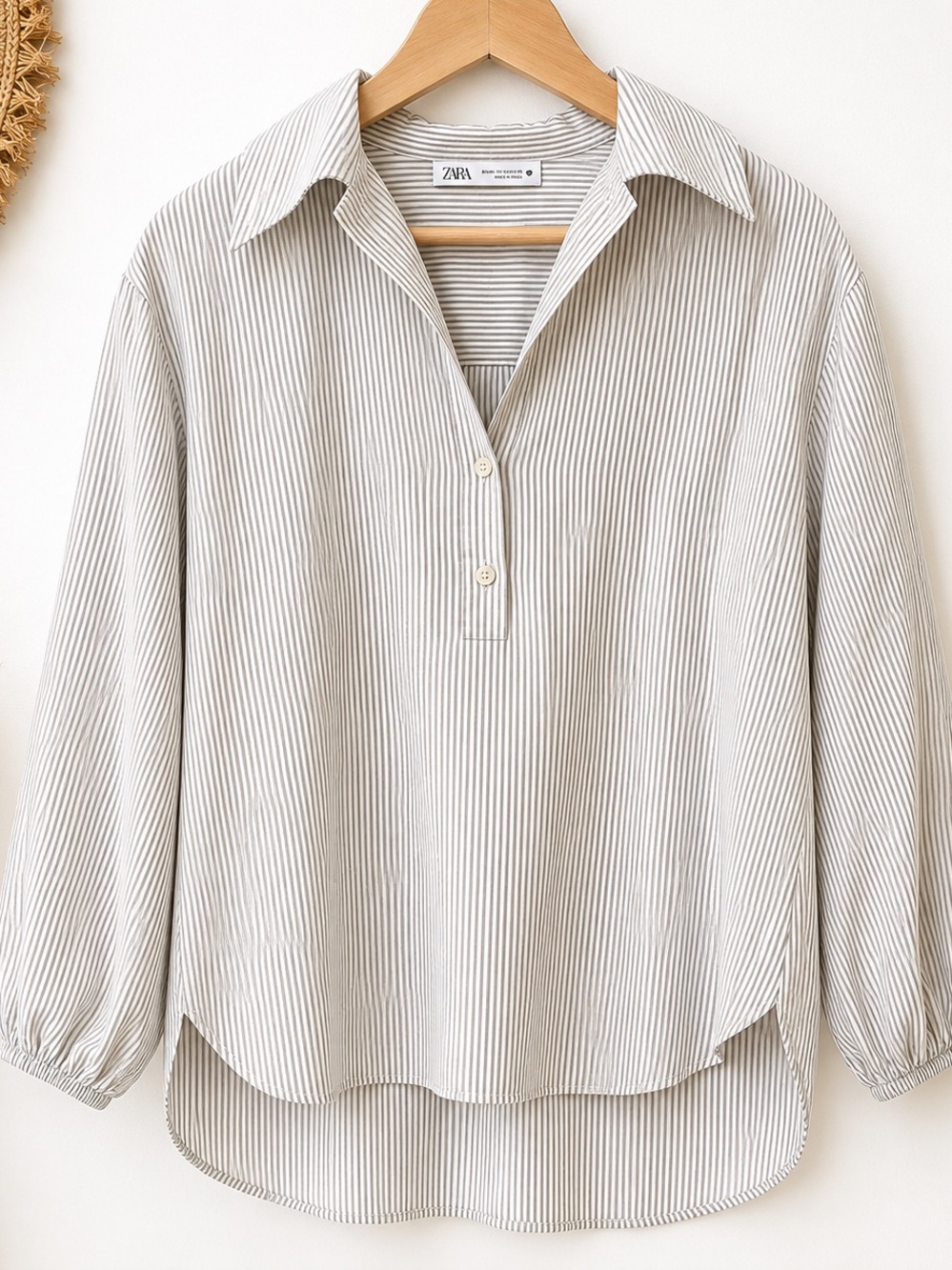 ZARA Beige & White Striped Popover Blouse | Relaxed/ Boho Chic Size Medium - Picture 2 of 8